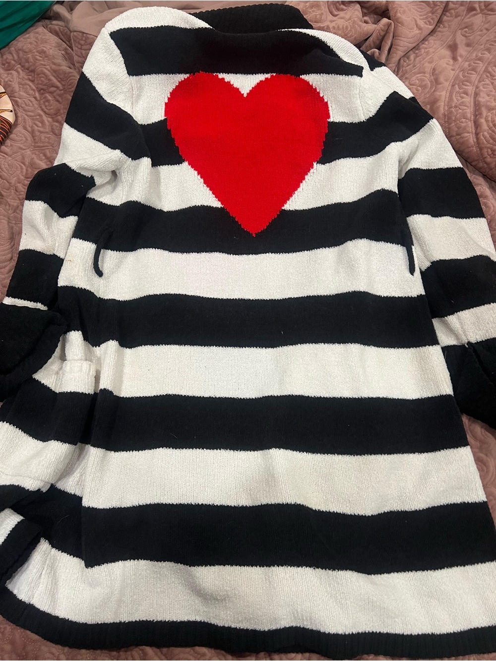 Betsey Johnson Black & White Striped Cardigan with Red Heart